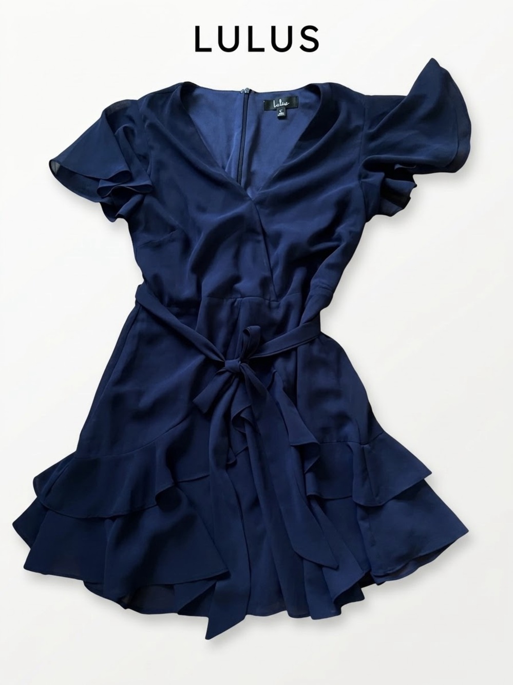 Lulu's Navy Wrap Ruffle Dress Size L 0251